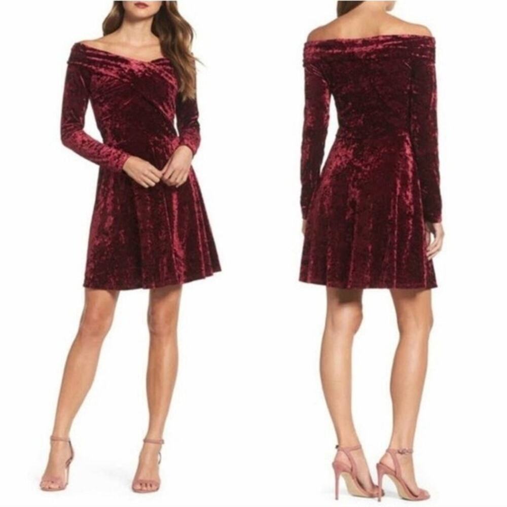 Chelsea28 Wine Colored Off The Shoulder Crushed Velvet Party Dress Women's M